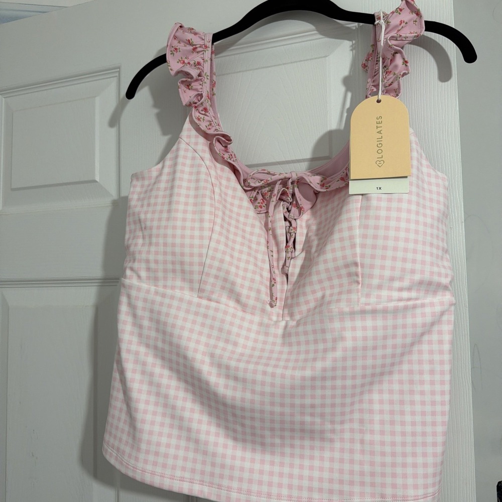 Blogilates‎ Ruffle Lace-Up Tank Pink Gingham Floral Activewear Top 1X New